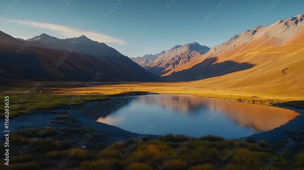 Serene mountain lake reflecting golden sunset hues Serene mountain lake reflecting golden sunset hues