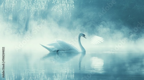 Serene Swan in Misty Lake: A Breathtaking Image of Grace and Tranquility photo