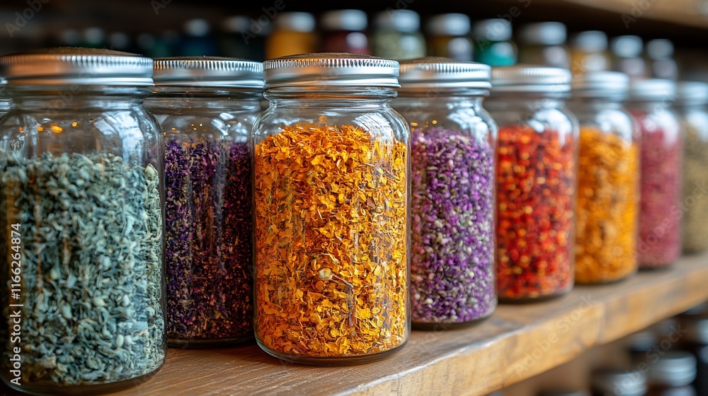 Vibrant Dried Herbs and Flowers in Glass Jars Vibrant Dried Herbs and Flowers in Glass Jars