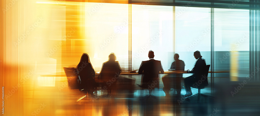 A blurred image of business professionals in a dimly lit meeting room, highlighting the focus on teamwork A blurred image of business professionals in a dimly lit meeting room, highlighting the focus on teamwork