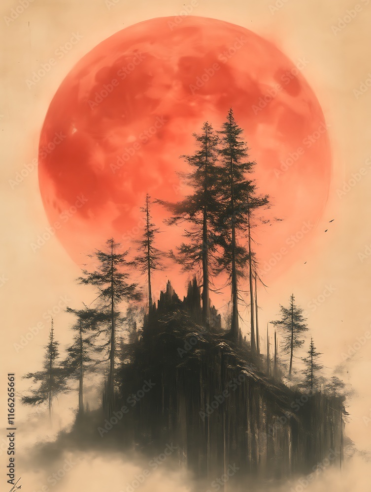 Blood Red Moon Over Misty Mountaintop Trees
