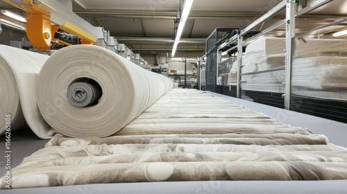 A blanket production area where large rolls of fabric are cut into precise sizes by automated cutters. photo