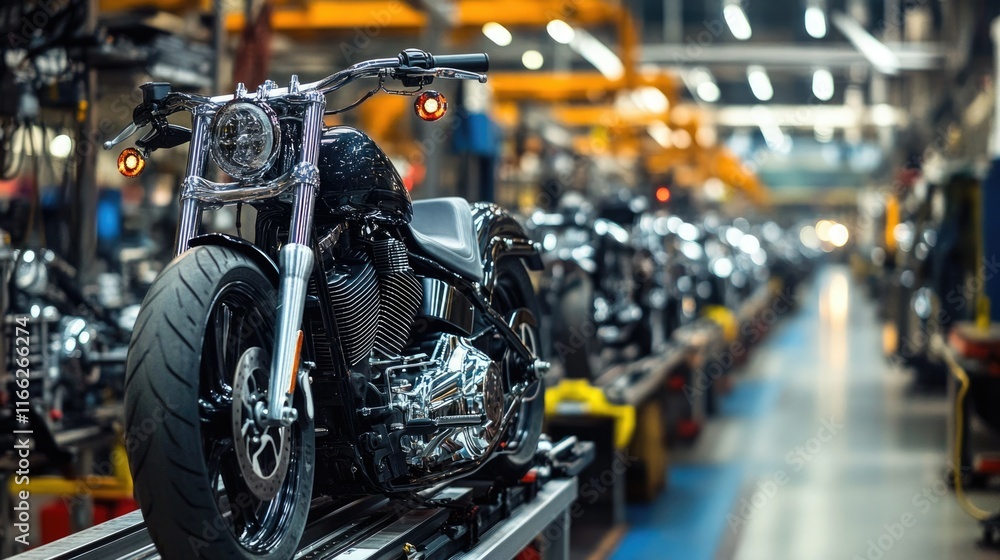 A dynamic production line in a motorcycle factory with frames being moved on automated conveyors for assembly. A dynamic production line in a motorcycle factory with frames being moved on automated conveyors for assembly.