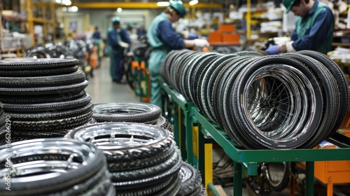 A dynamic view of a bicycle tire assembly station, with stacks of rims and workers fitting spokes.