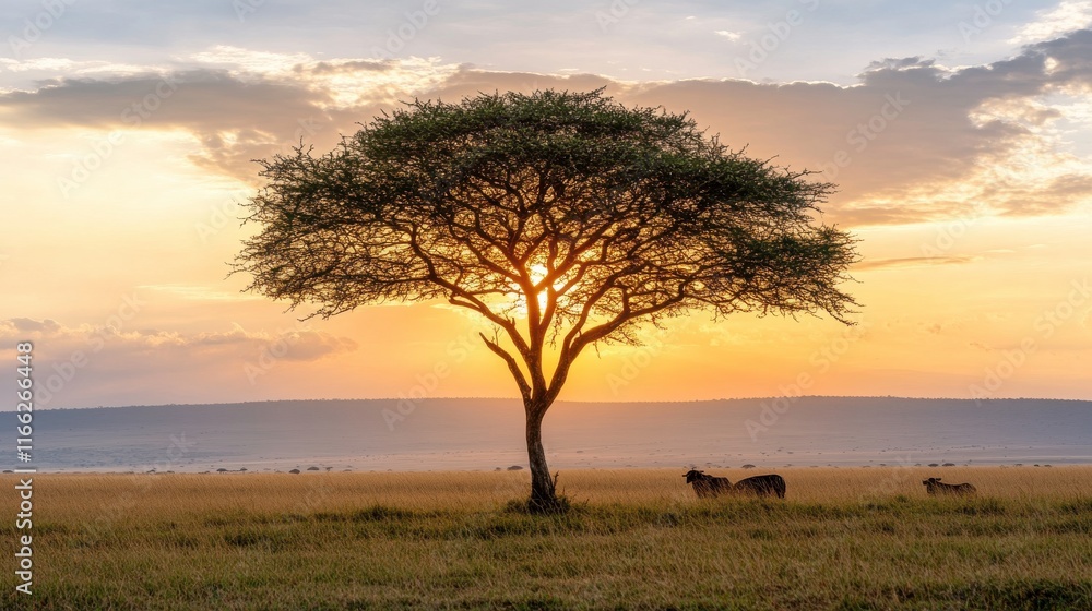 Obraz premium Lions Resting Under a Tall Tree at Golden Hour