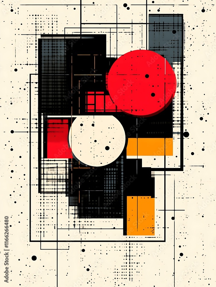 Abstract Geometric Composition with Red and Orange Circles