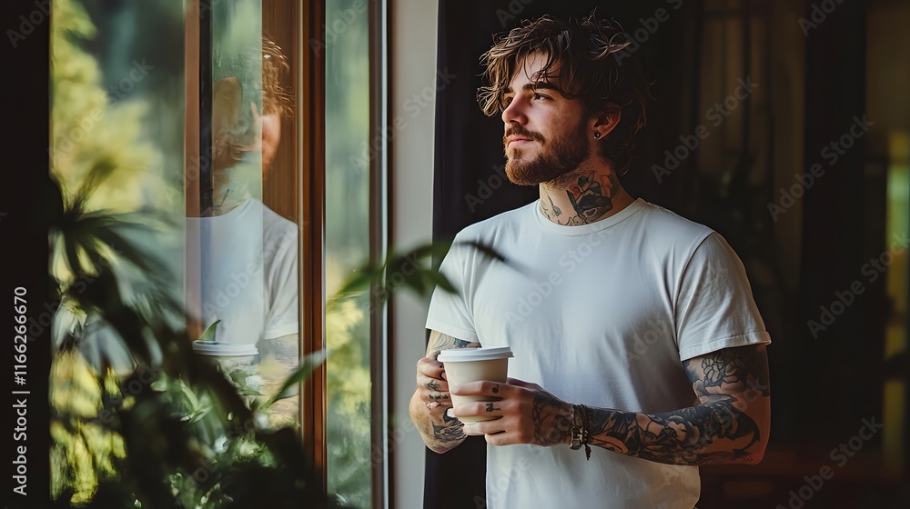 Tattooed Man Contemplates While Holding Coffee Near Window Tattooed Man Contemplates While Holding Coffee Near Window