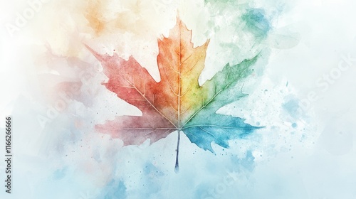 A maple leaf with soft watercolor-style textures, centered on a bright white background for an artistic look. photo