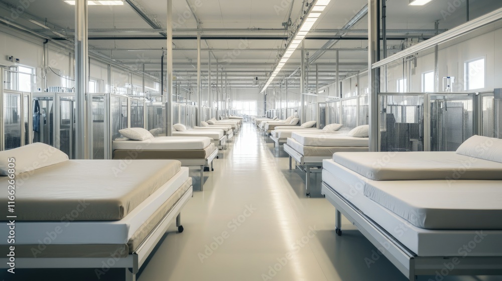 Obraz premium A panoramic view of a bed factory showcasing automated processes for producing adjustable and modern bed designs.