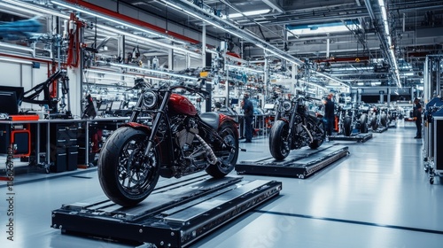 A sleek motorcycle assembly floor with completed bikes being rolled off the line for final testing and inspection.