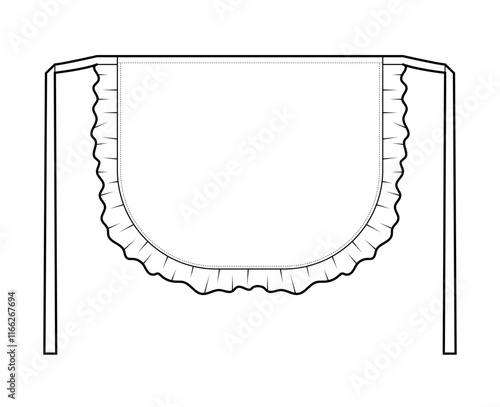 Maid Apron with Ruffles Scalloped technical fashion illustration. Flirty Retro uniform cartoon Flat sketch outline apparel template front view. Women men unisex CAD mockup isolated on white background