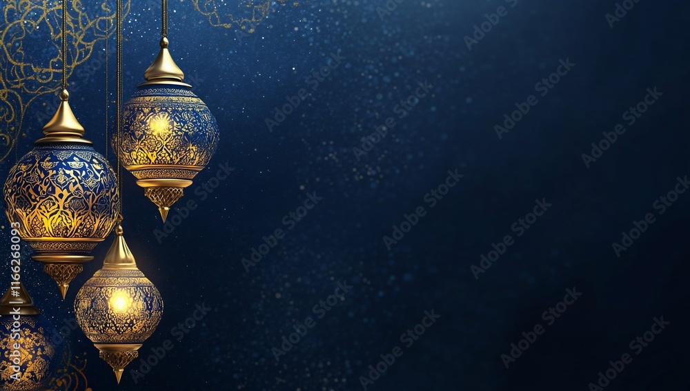Elegant blue and gold lanterns against a dark background. Elegant blue and gold lanterns against a dark background.