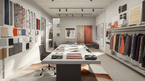 Modern fashion designer's office with a sleek workspace, fabric samples, and mood boards on the walls.