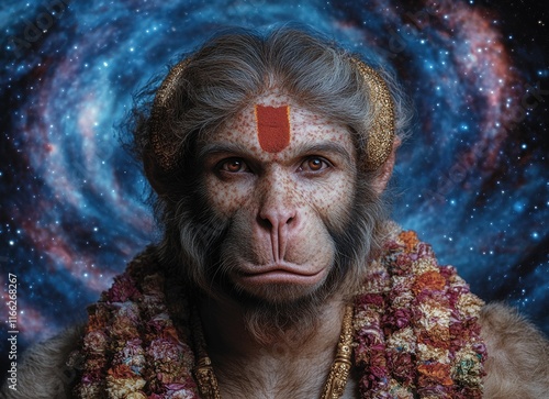 Hindu deity: Hanuman, revered as powerful figure in Ramayana, an avatar of Shiva, celebrated during major festivals such as Hanuman Jayanti, Ram Navami, Dasara, symbolizing strength, devotion. photo