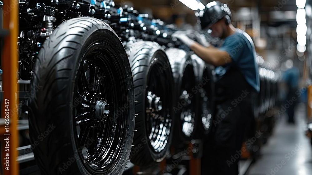 Fototapeta premium Motorcycle tires being aligned and fitted onto wheels in an organized assembly station within the factory.