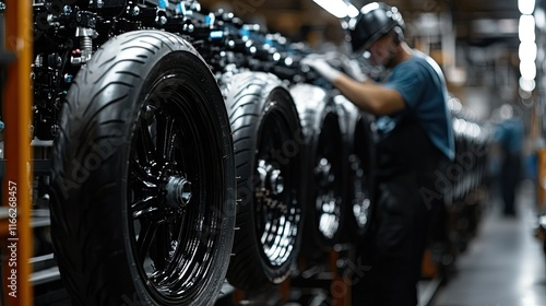 Motorcycle tires being aligned and fitted onto wheels in an organized assembly station within the factory.