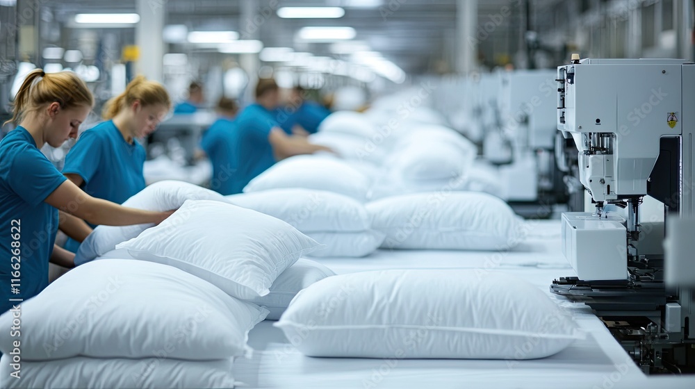 Fototapeta premium Workers assembling soft pillows with precision sewing machines and fluffing machines in a clean factory space.