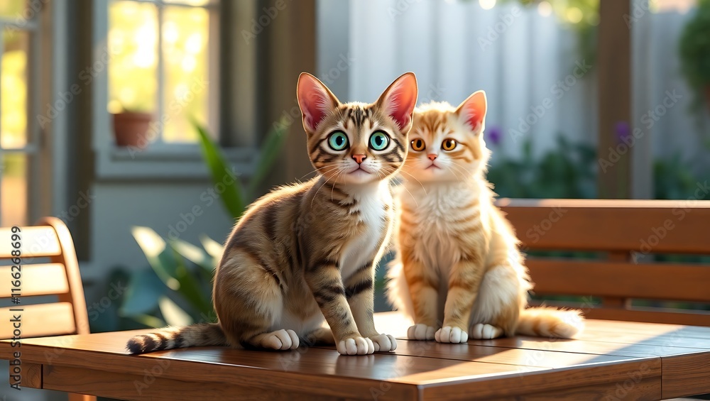 A charming American Curl cat with its distinctive backward-curving ears and sleek tabby fur, sitting gracefully on a wooden table with soft natural light filtering through nearby windows. A charming American Curl cat with its distinctive backward-curving ears and sleek tabby fur, sitting gracefully on a wooden table with soft natural light filtering through nearby windows.