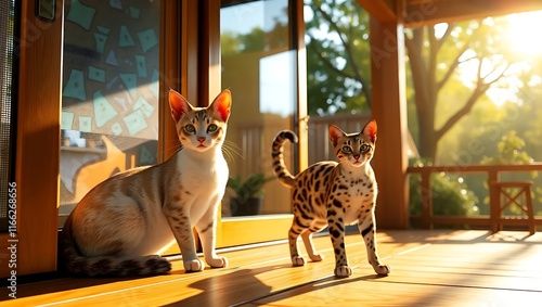 A Japanese Bobtail resting on a windowsill, its slender frame and signature short tail accentuated by sunlight filtering through paper screen doors. photo