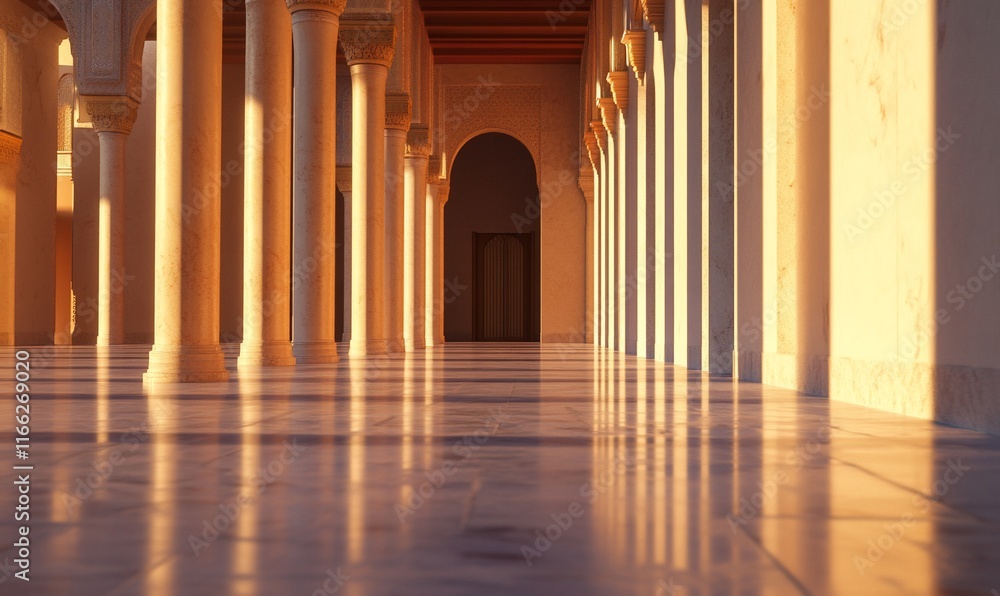 Obraz premium Serene architectural corridor illuminated by soft light.