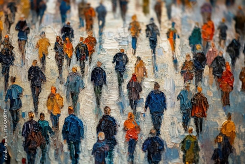 The state of being alone in crowds, people trying to catch up on a road without looking at each other, designed in oil paint tones and Van Gogh style photo