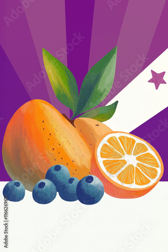 Fresh fruit composition featuring oranges and blueberries on purple background