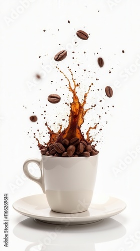 Coffee Bean Flying In The Air Explosion Splash Isolated On White Background