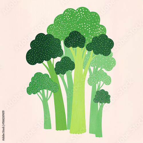 Broccoli trees growing together in a surreal green forest