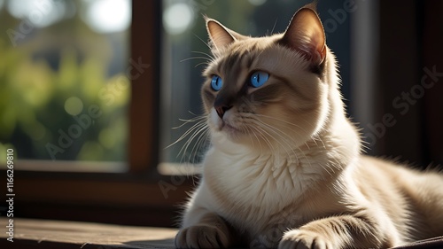 A regal Siamese cat with its sleek cream-colored body and dark points, sitting elegantly on a sunlit windowsill, its piercing blue eyes glowing against the light. photo