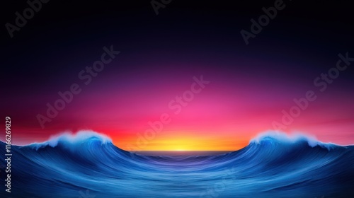 Vibrant sunset over ocean waves with a colorful sky.