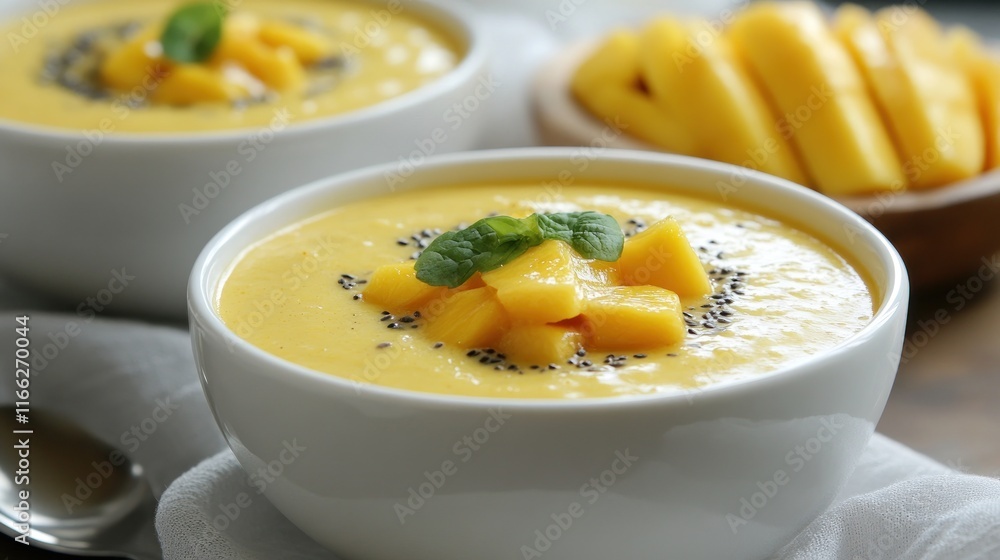 Creamy mango dessert topped with fresh mango pieces and mint leaves, served in white bowls. Creamy mango dessert topped with fresh mango pieces and mint leaves, served in white bowls.