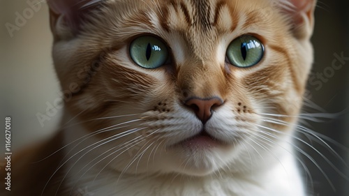 A close-up of a Kurilian Bobtail catâ€™s expressive face, showcasing its almond-shaped eyes, tufted ears, and plush coat, against a softly blurred natural background.