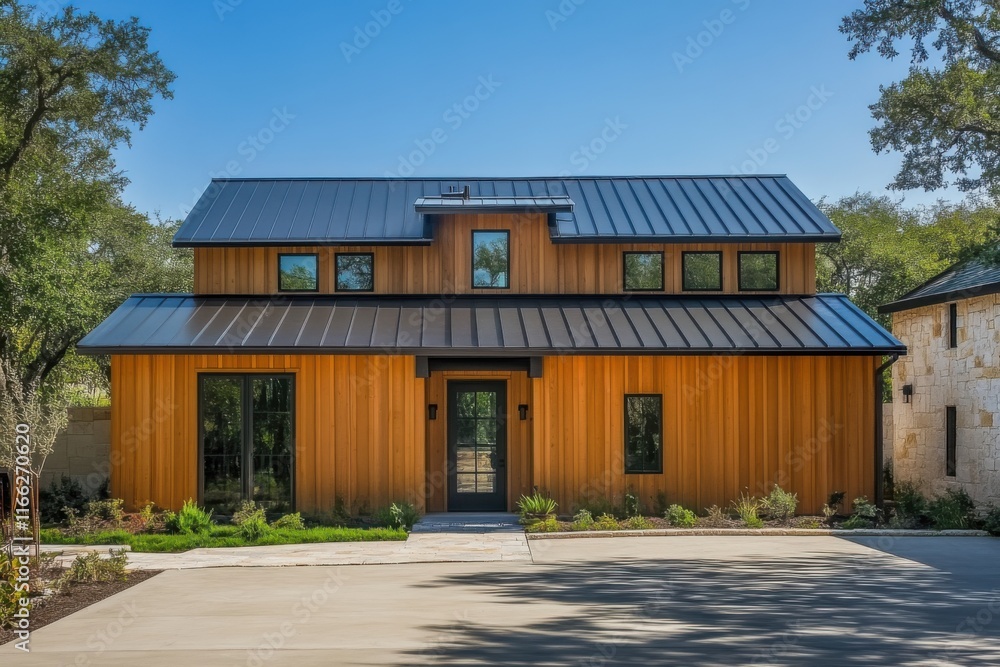 Modern architectural design of a stylish two-story house with wooden facade and metal roof situated in a serene neighborhood during bright daylight Modern architectural design of a stylish two-story house with wooden facade and metal roof situated in a serene neighborhood during bright daylight