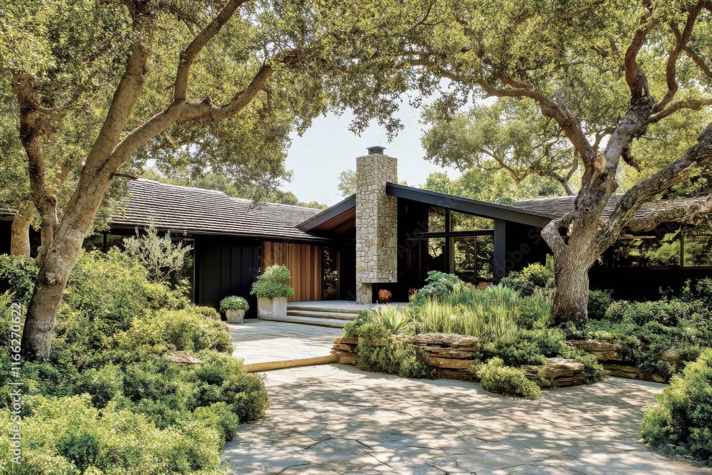A charming modern house is beautifully situated amidst vibrant green foliage, surrounded by a tranquil landscape bathed in bright daylight A charming modern house is beautifully situated amidst vibrant green foliage, surrounded by a tranquil landscape bathed in bright daylight