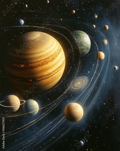 Obraz na płótnie Majestic Jupiter and Its Celestial Companions Orbiting in Space w salonie