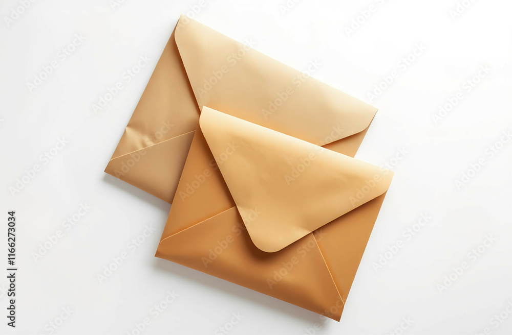 Minimalist mail envelopes in neutral tones, stacked, isolated on a white background, brown letter envelops Minimalist mail envelopes in neutral tones, stacked, isolated on a white background, brown letter envelops