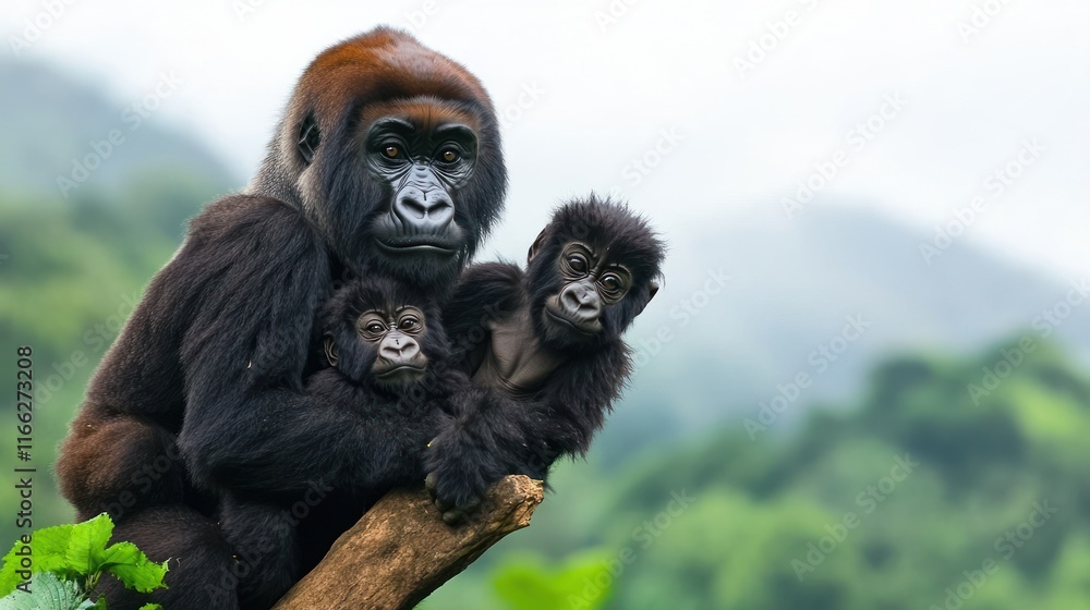 Obraz premium A mother gorilla with two infants in a lush, green environment.