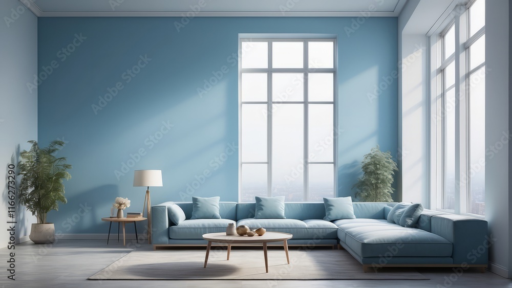 minimalist living room with large window on Frost Blue wall color minimalist living room with large window on Frost Blue wall color