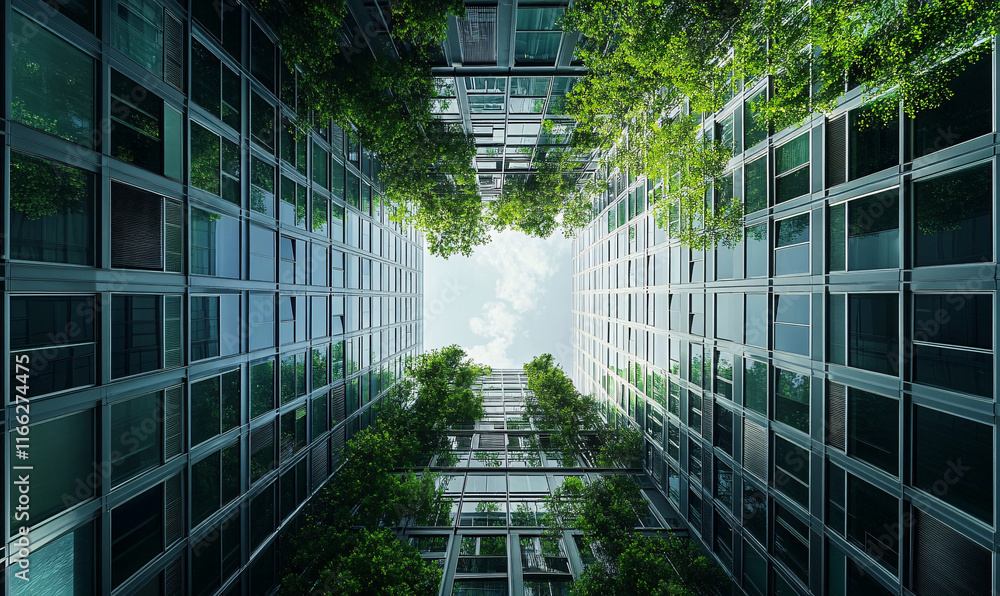 Green business concept with glass office building view from low angle and green trees
Green business concept with glass office building view from low angle and green trees