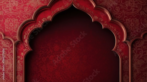 Ornate Red Archway with Intricate Gold Filigree Design Elegant Background Texture for Festive Invitation or Card