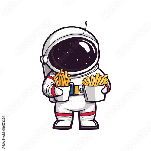 cute astronaut is enjoying potato sticks