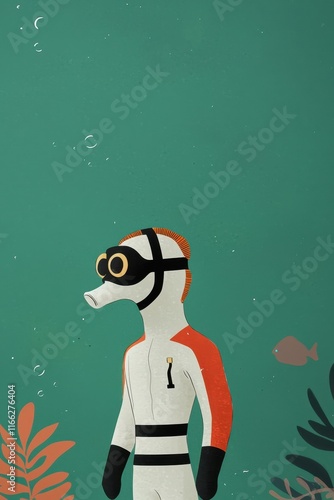 Colorful Illustration of a Seahorse Jockey in Racing Uniform Underwater with Sea Plants and Bubbles photo