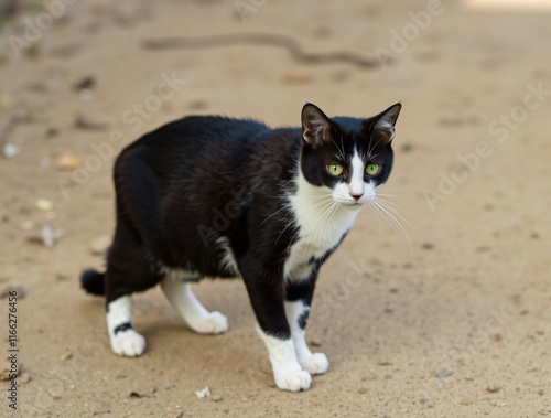 A white and black stray cat alertly standing on a dirt surface outdoors in natural surroundings, epitomizing curiosity and focus. photo