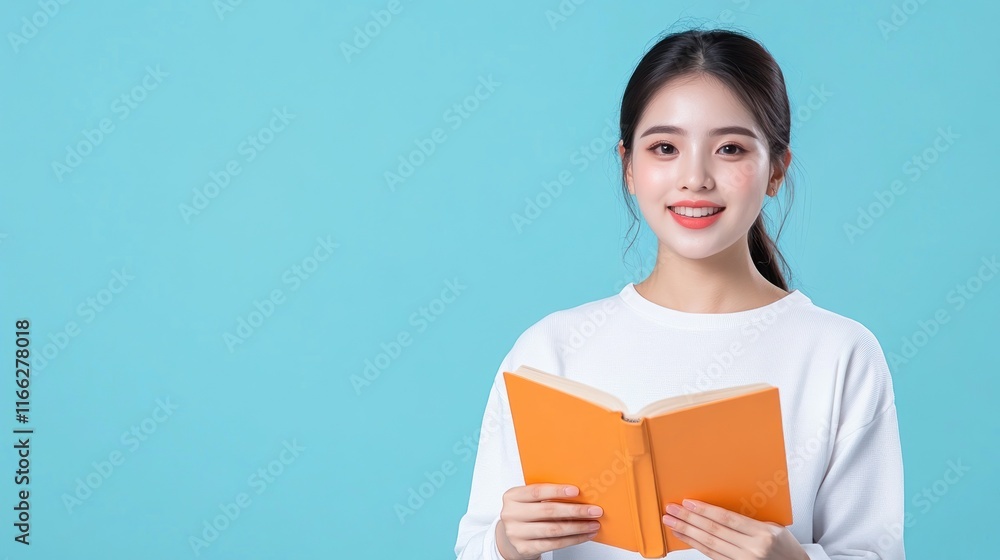 A young woman smiles while holding an orange book against a blue background. A young woman smiles while holding an orange book against a blue background.