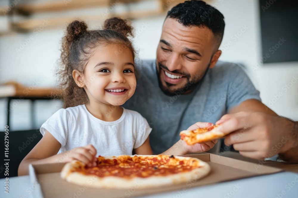 Joyful father and daughter share a delicious pizza moment in a cozy dining space Joyful father and daughter share a delicious pizza moment in a cozy dining space