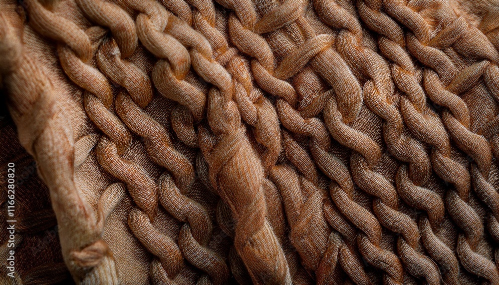 Detailed close-up of a textured, cable-knit fabric in warm, earthy tones. Detailed close-up of a textured, cable-knit fabric in warm, earthy tones.