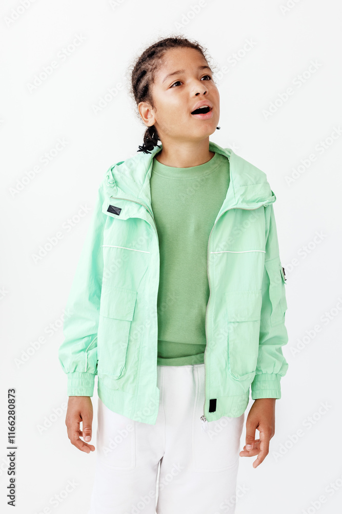 Confident young boy posing in stylish green jacket and white pants against white backdrop Confident young boy posing in stylish green jacket and white pants against white backdrop