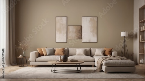 warm living room interior with decorative elements, khaki wall color