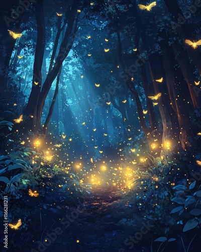 A mystical forest illuminated by fireflies and soft, ethereal light.