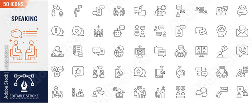 Speaking line icon set. Editable stroke. Communication discussion, speech bubble, talking, consultation, meeting and conversation icon. Vector illustration.